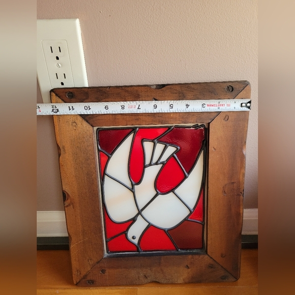 Vintage Holy Spirit White Red Stained Glass & Wood Panel Square #518024 14x 12" - Picture 9 of 11